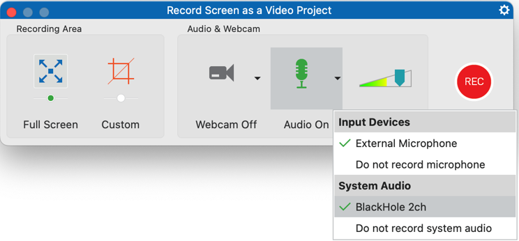 select BlackHole in ActivePresenter system