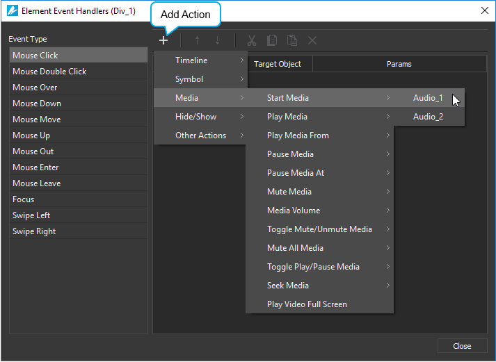 Add events - actions to create interactive HTML5 content.