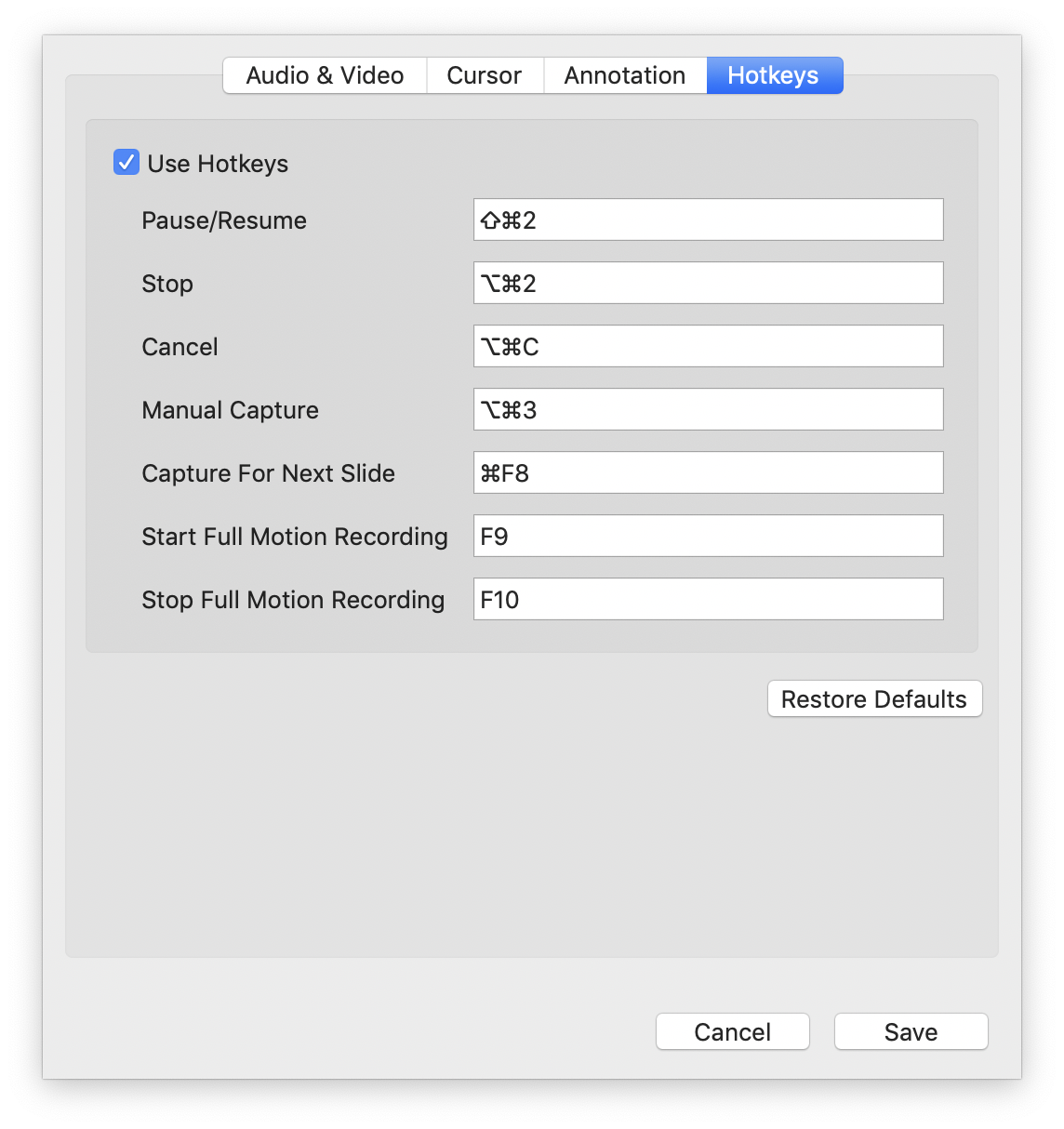 Hotkeys tab in Mac
