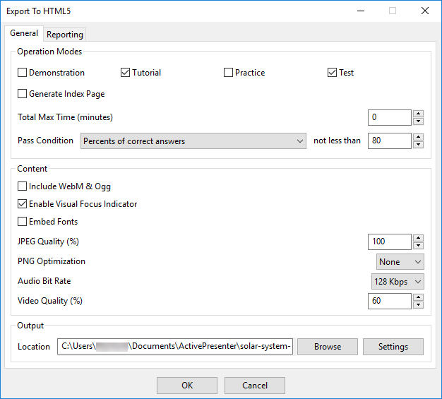 Export to HTML5 - General tab