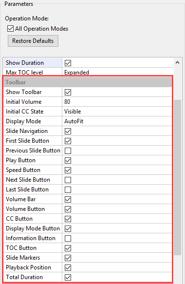Toolbar - parameters