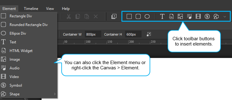 There are more than one way to insert elements in Saola Animate.