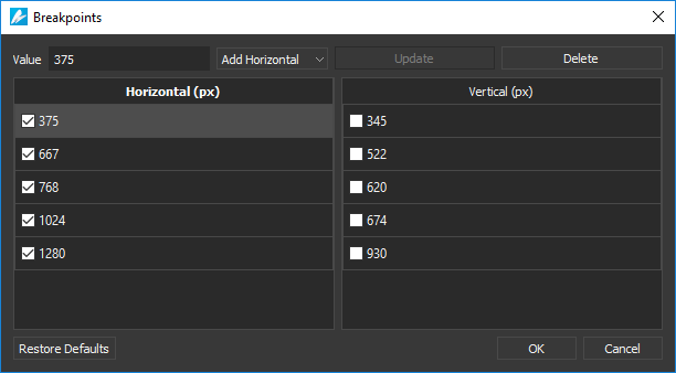 Add and manage breakpoints in the Breakpoints dialog.