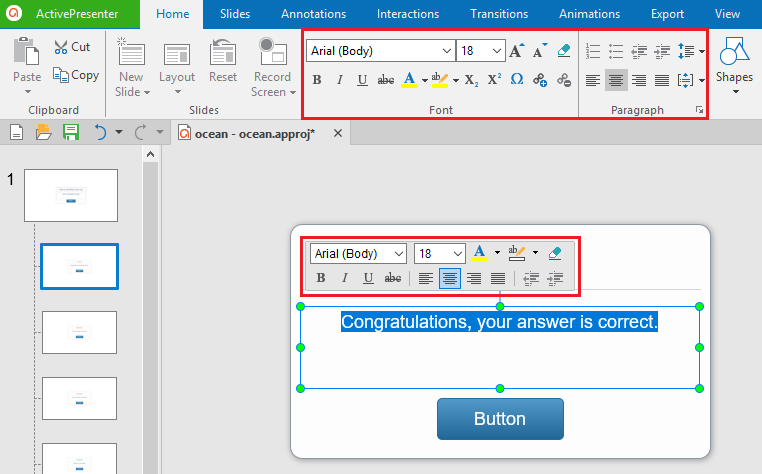 To change the text font, size and color, select the text, then use the button and commands in the Home tab or the toolbar that appears