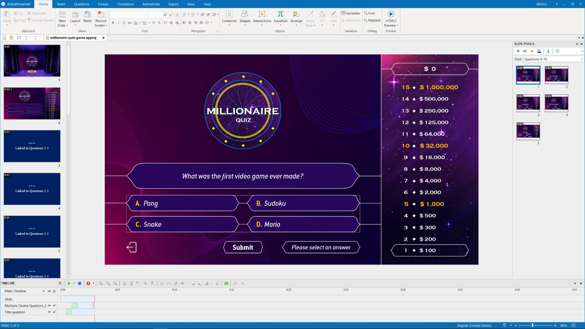 millionaire ActivePresenter interface