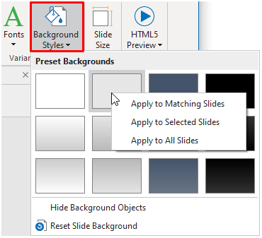 change slide backgound using Background styles