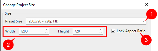 The Change Project Size dialog.