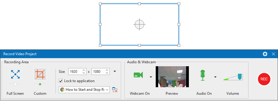 The blue rectangle and the Record Video Project dialog appear.