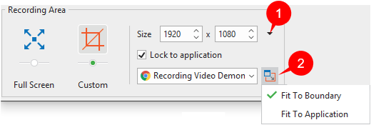 The Recording Area section offers two capture modes: Full Screen and Custom.