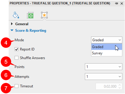 Set points, attempts, time limit for each quiz question.