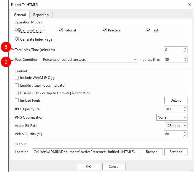 The Export to HTML5 Dialog allows to set quiz duration and pass/ fail conditions for your interactive quiz