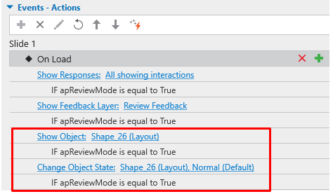 Events actions for feedback message