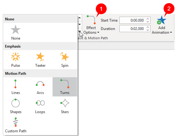 Click the drop-down arrow to open the Emphasis & Motion Path gallery to choose one motion path effect (Lines, Arcs, Turns, Shapes, Loops, Stars, and Custom Path).