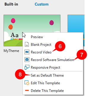 Right-click the theme and select Record Video (6) or Record Software Simulation (7) from the context menu.