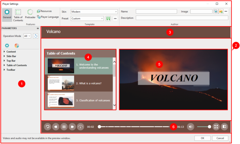 HTML5 Player Settings window