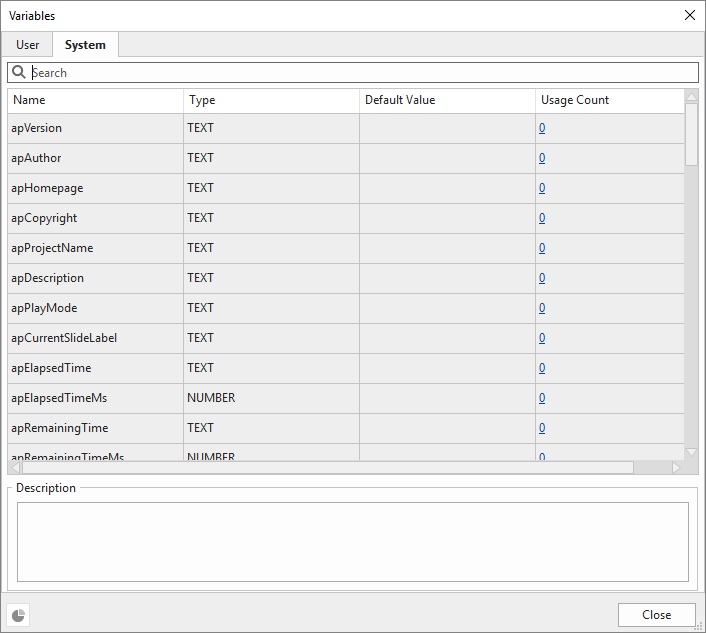 Variables dialog