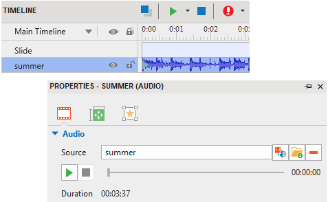 With the audio object, you can import an audio file from your file system or record a new track.