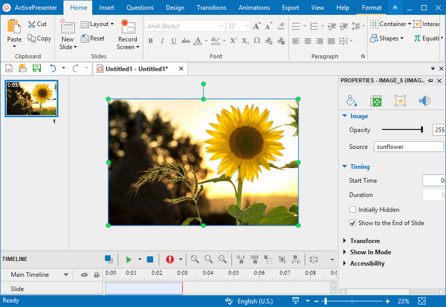 If you want to add some images to your presentation or video, use the Image object.