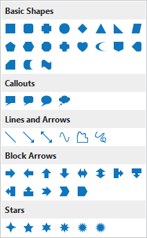 The shapes are sorted into five groups: Basic Shapes, Callouts, Lines and Arrows, Block Arrows, and Stars.