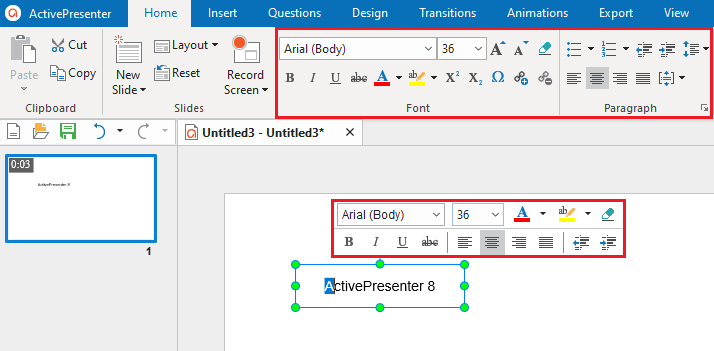 To change the appearance of the text caption, access the Home tab or edit directly in the inline text editor that appears