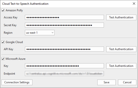 The Cloud Text-to-Speech Authentication dialog popping up allows you to enter authentication keys for any provider whom you want to use their provided voices.