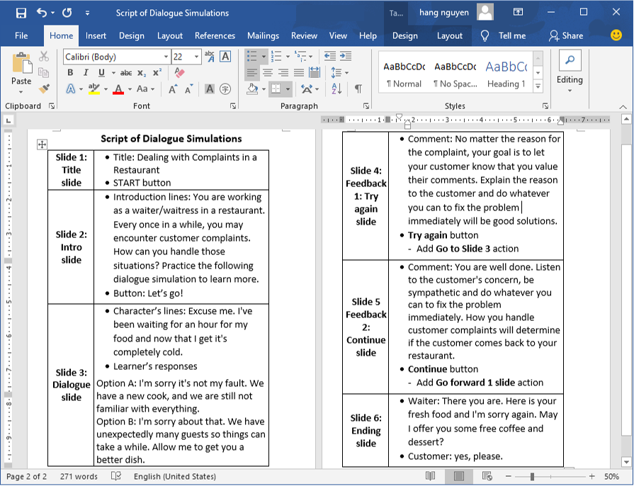 Script of dialogue simulations