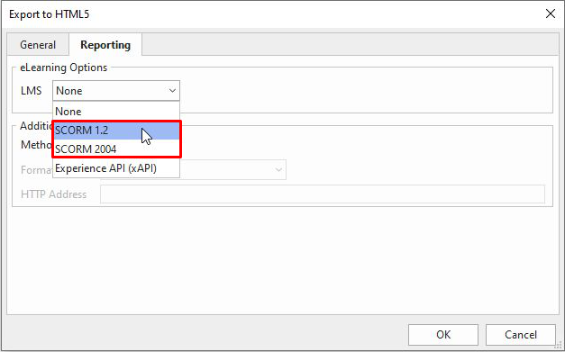 The feature of exporting the project as SCORM package is integrated into the Reporting tab of the Export to HTML5 dialog.