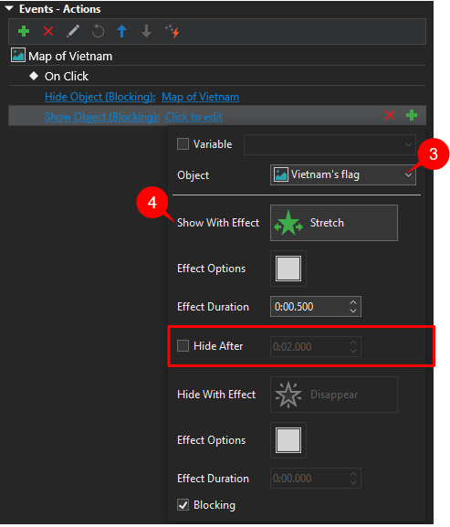 Show Object action in the front side of a flip card.