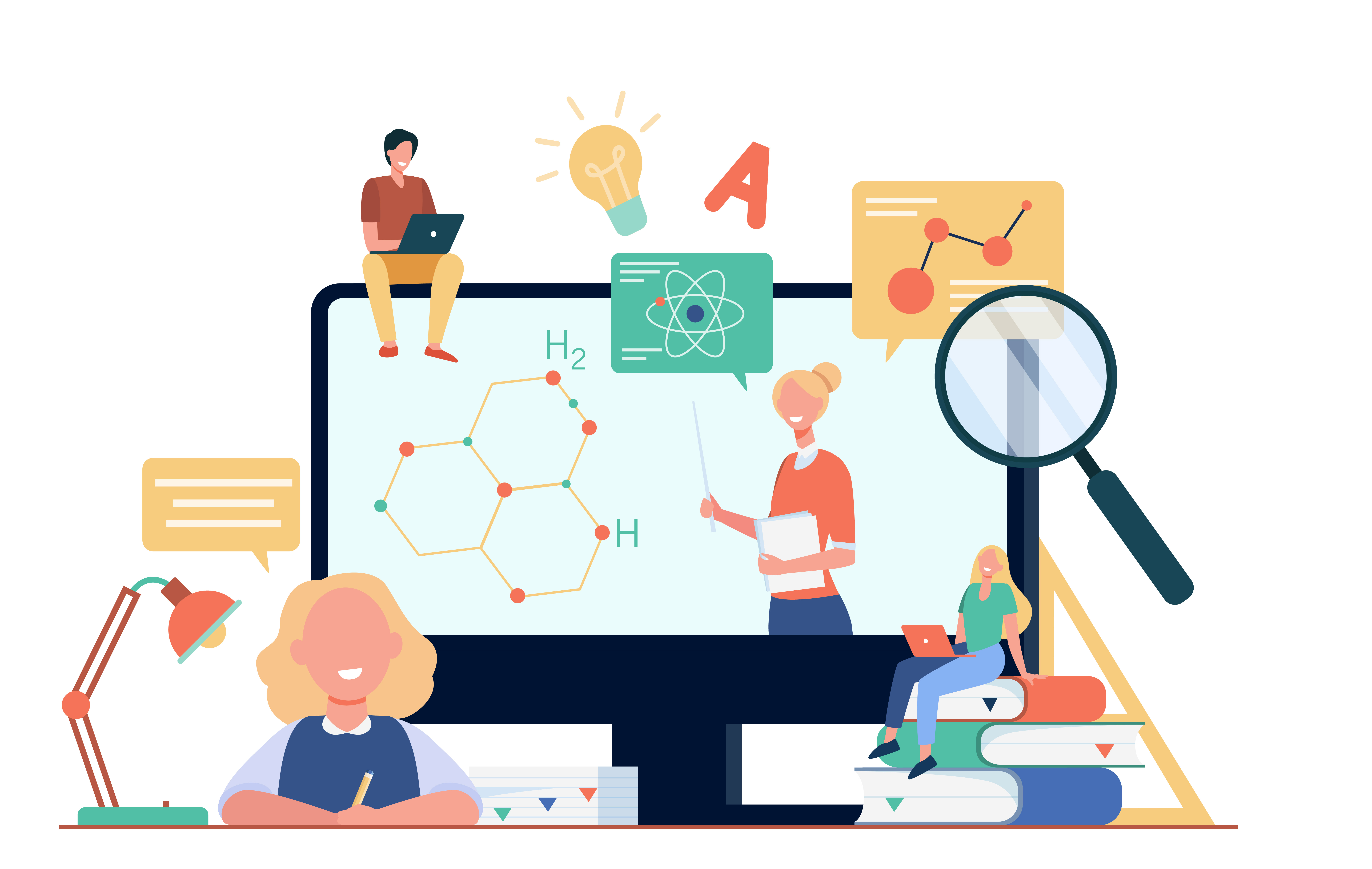 Happy students or pupils watching study webinar
