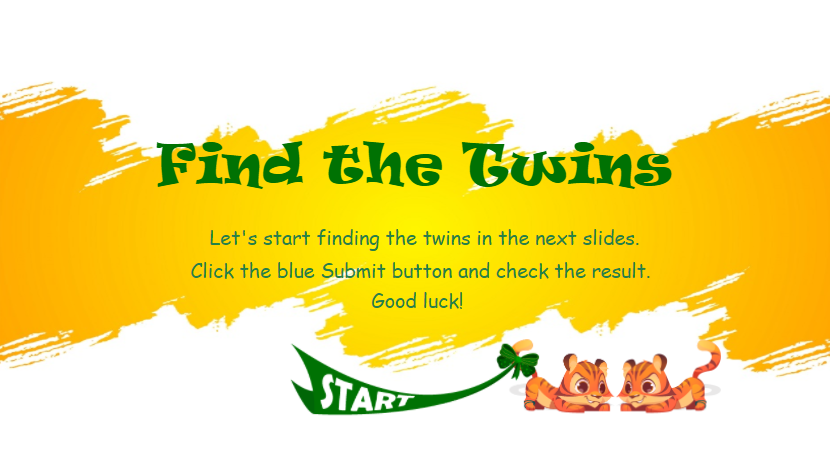 Welcome slide in the Find the Twins game
