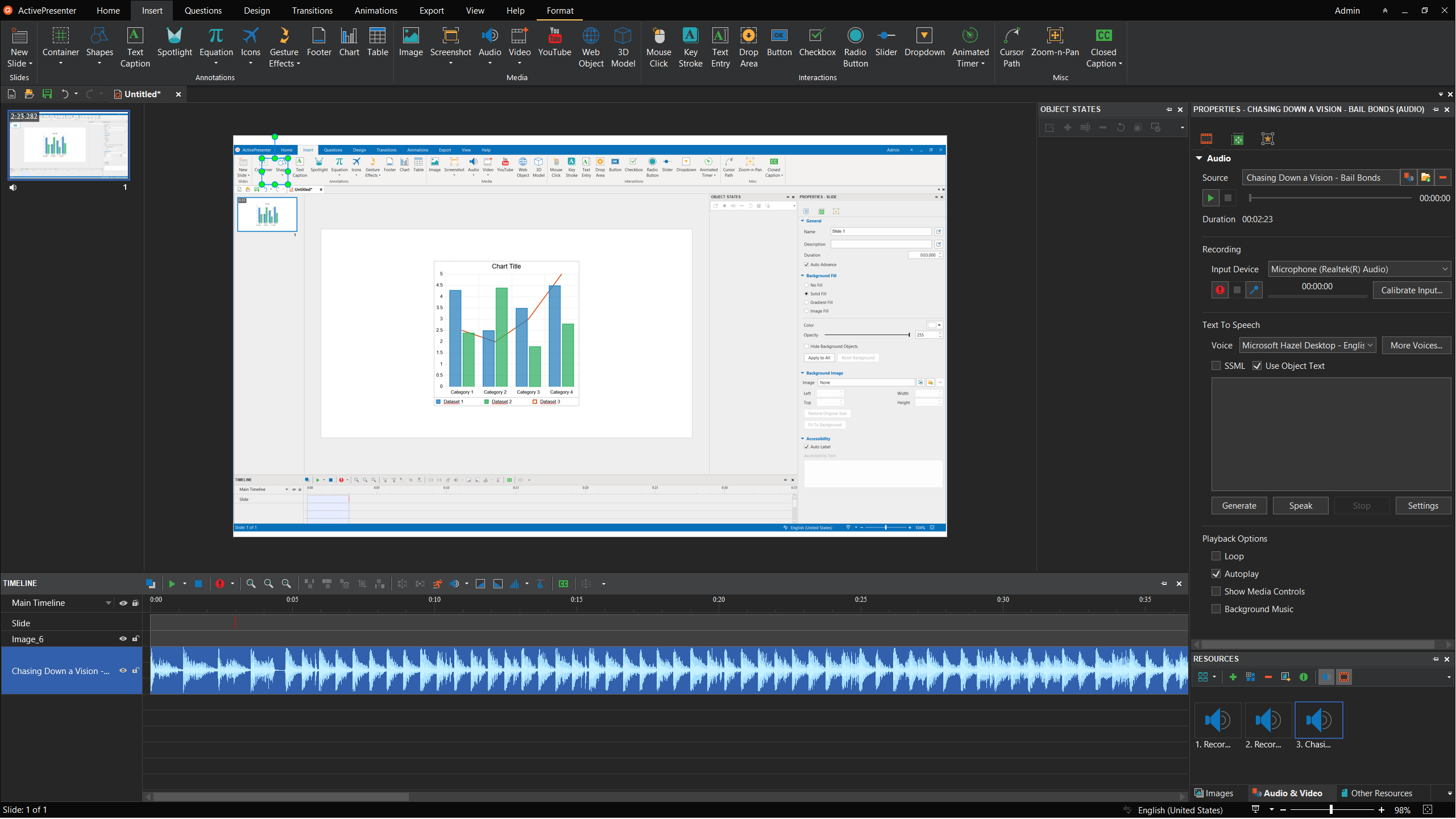 ActivePresenter interface to record voice and add audio