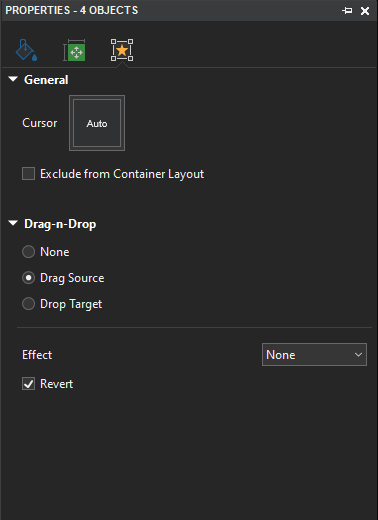 Properties pane > Interactivity tab > Drag-n-Drop section> select Drag Source