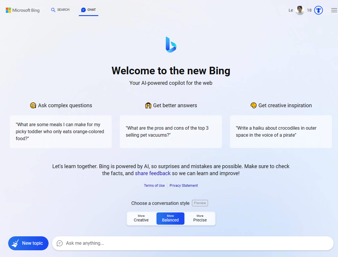 Bing Chat UI