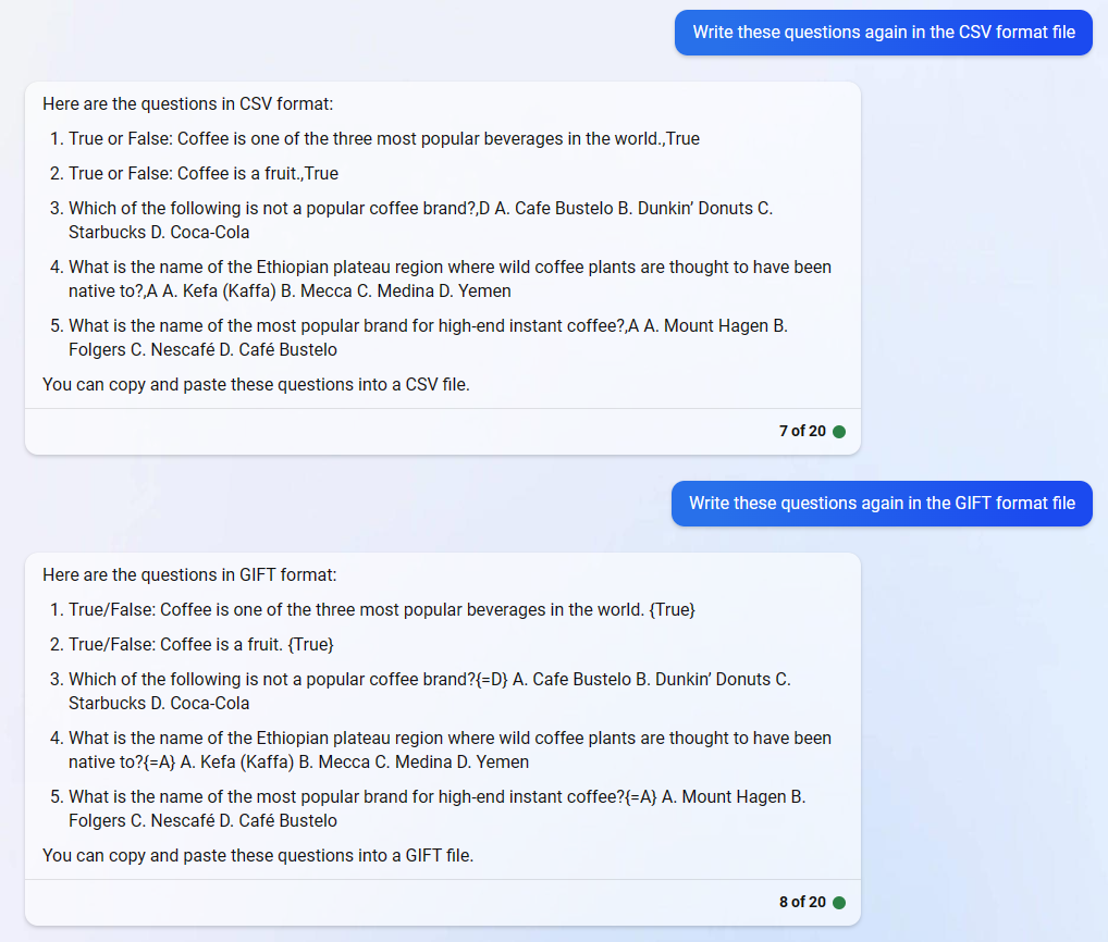 CSV and GIFT questions in Bing Chat