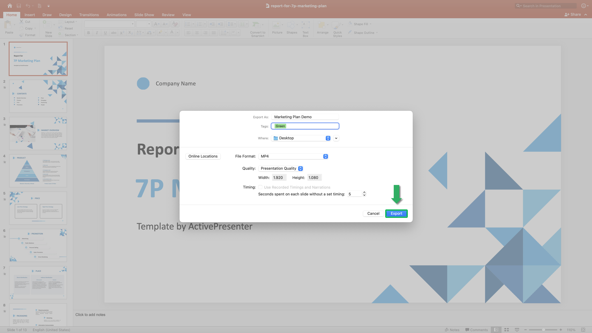 choose Export to convert PPT to MP4