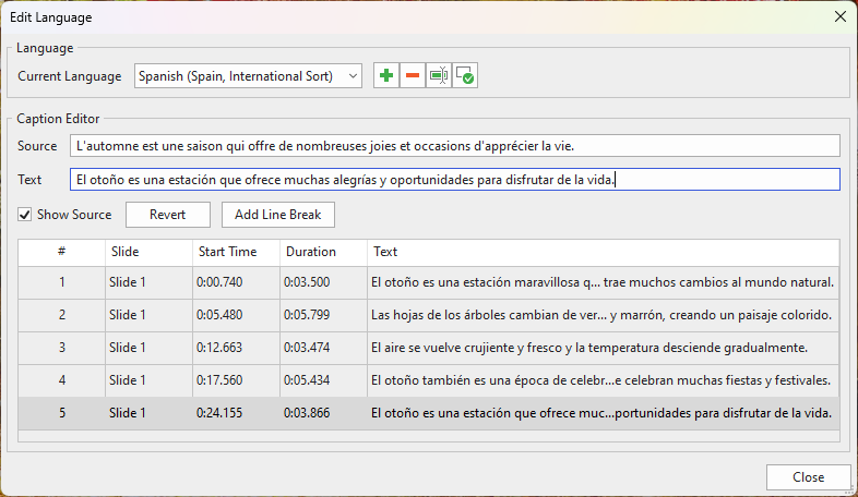 Edit new languages to create multilingual subtitles
