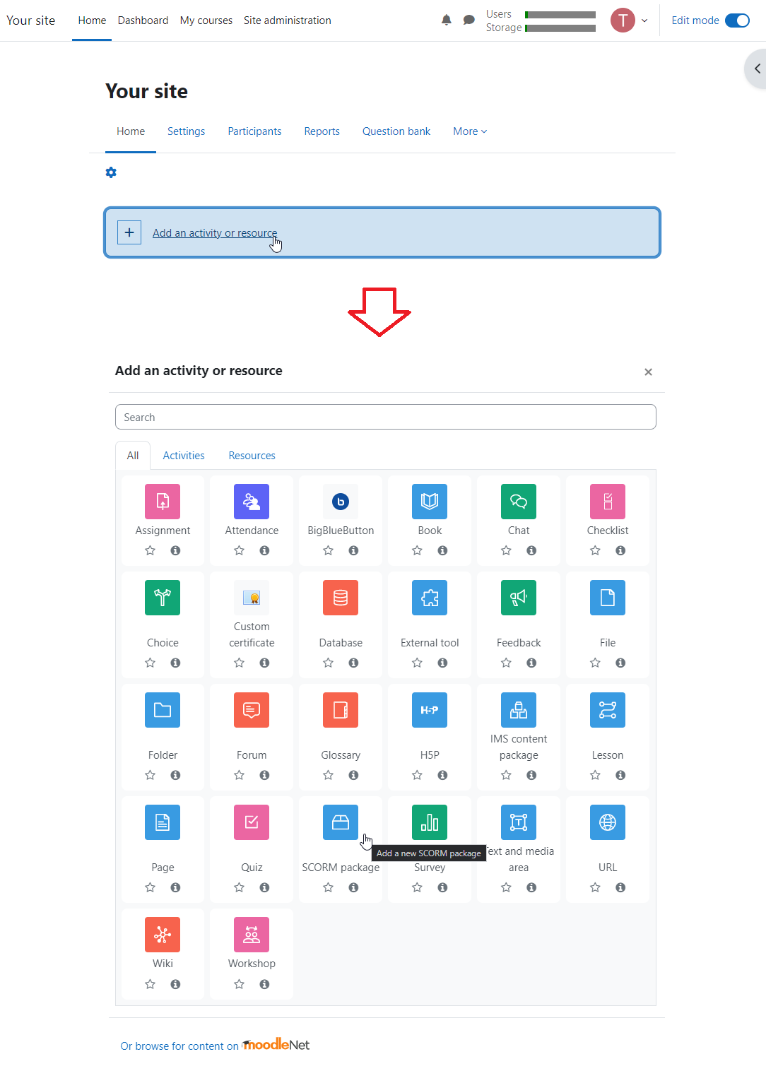 Click Add an activity or resource to add a SCORM package