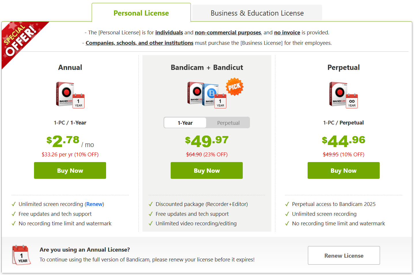 Bandicam pricing