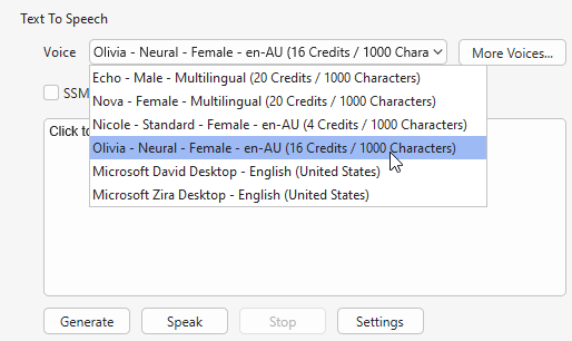 Text-to-Speech section in the Properties pane