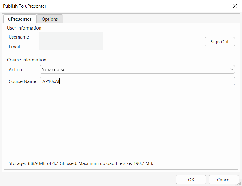 publish to uPresenter dialog