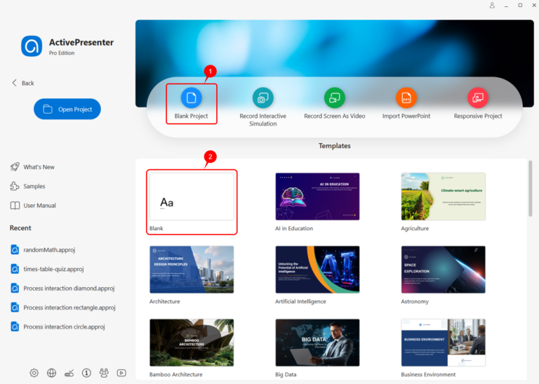 create new blank project ActivePresenter 10