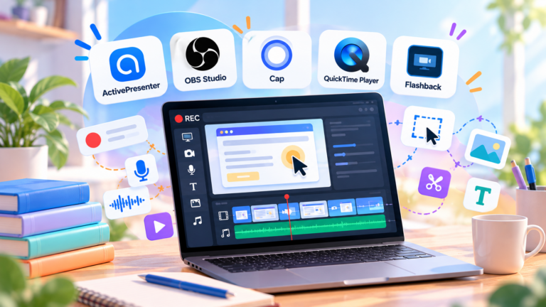 Minh họa 5 phần mềm quay màn hình miễn phí: ActivePresenter, OBS Studio, Cap, QuickTime Player, Flashback