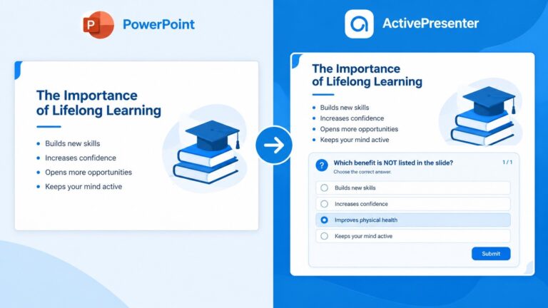 A PowerPoint slide turned into an interactive quiz in ActivePresenter 10